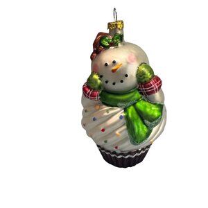 Snowman Cupcake Glass Ornament Blown White Green 4.5"